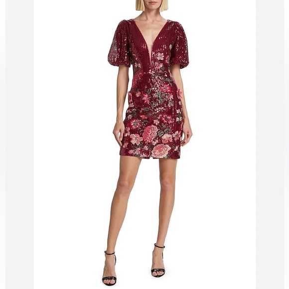 Marchesa Notte Burgundy Sequin Floral Embroidered Cocktail Mini Dress Size 4 NWT - Picture 5 of 16